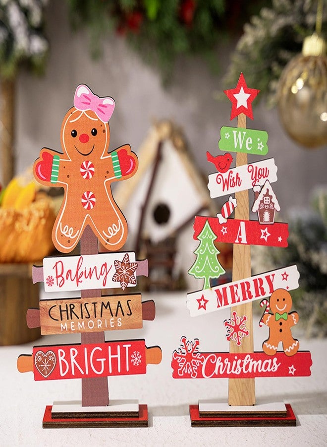 BovcTrraann 2Pcs Wooden Christmas Centerpiece Signs, Wooden Gnome Table Decorations Signs, Merry Christmas Table Toppers, Centerpiece Decorations for Holiday Home Party Indoor Decor (Gingerbread) - Image 2